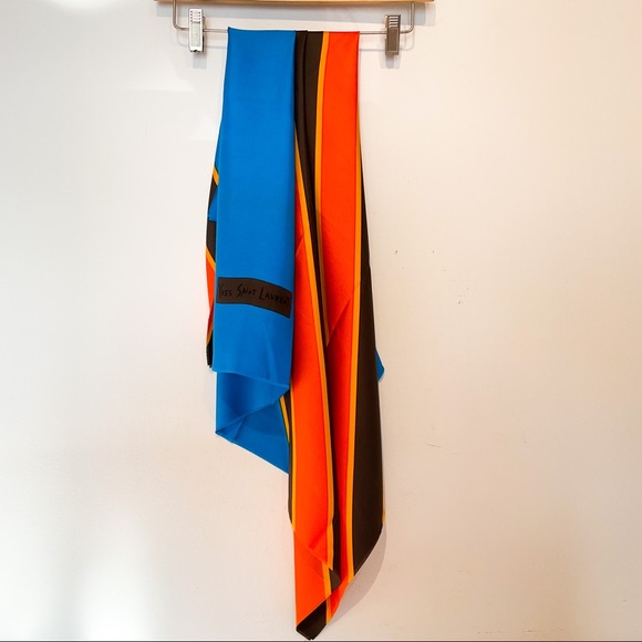 YVES SAINT LAURENT Vintage Silk Striped Electric Blue Scarf - Picture 2 of 16